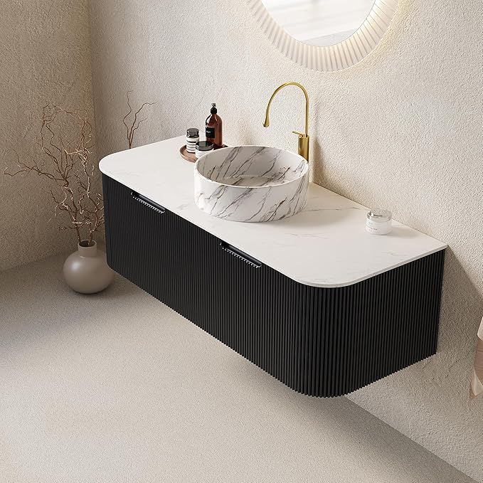 Yayzy 48" Floating Bathroom Vanity with Sink, Solid Wood Fluted Cabinet, White Marble-Patterned Ceramic Basin & Faux Marble Top, Soft-Close Drawer, Pre-Assembled, Gloss Black