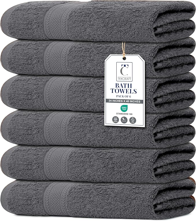Medium Size Bath Towels Set of 6 – 100% Cotton Terry – 24" x 48" – Quick Dry, Soft & Highly Absorbent – Grey Towels for Bathroom, Gym, Spa, Pool & Daily Use