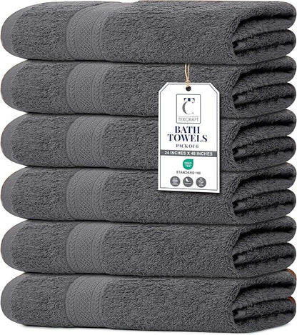 Medium Size Bath Towels Set of 6 – 100% Cotton Terry – 24" x 48" – Quick Dry, Soft & Highly Absorbent – Grey Towels for Bathroom, Gym, Spa, Pool & Daily Use