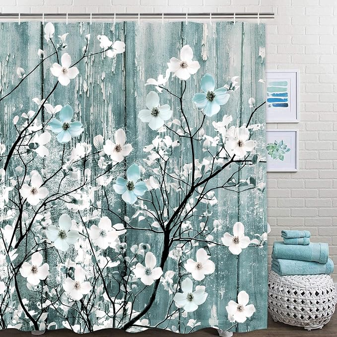Rustic Shower Curtain Set Blue Watercolor Flower Bath Curtain 12 Hooks Country Farm Style Fabric Wooden Background Waterproof Shower Curtains 72×72 Inches