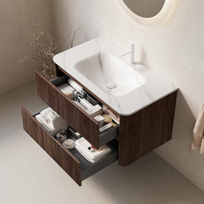 36" Floating Bathroom Vanity with Sink, Wall Mounted Modern Bathroom Cabinet with 2 Soft Close Drawers, Oak & Plywood, Pre-Assembled with Carrara White Basin – Bruges, Retro Walnut/S