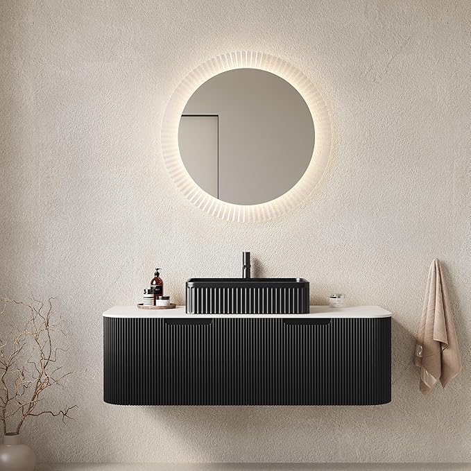 Yayzy 48" Floating Bathroom Vanity with Sink, Solid Wood Fluted Cabinet, Black Fluted Square Ceramic Basin & Faux Marble Top, Soft-Close Drawer, Pre-Assembled, Gloss Black