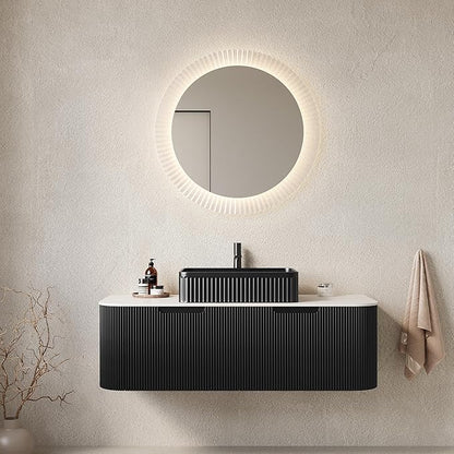 Yayzy 48" Floating Bathroom Vanity with Sink, Solid Wood Fluted Cabinet, Black Fluted Square Ceramic Basin & Faux Marble Top, Soft-Close Drawer, Pre-Assembled, Gloss Black