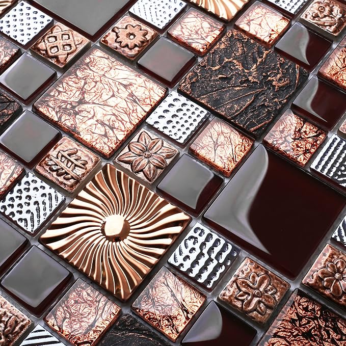 Red Wine Colors Glass Tile 2'' x 2'' Leaf Carving Imprints Antique Mosaics Textured Rose Gold Metal Kitchen Bathroom Walls Backsplash Tiles (Pack of 5 Square Feet)