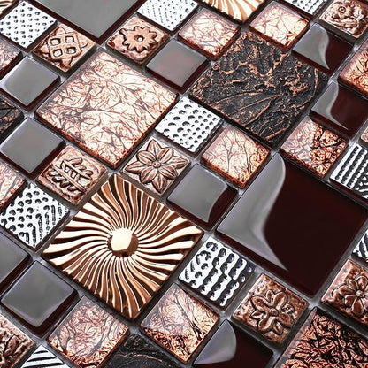 Red Wine Colors Glass Tile 2'' x 2'' Leaf Carving Imprints Antique Mosaics Textured Rose Gold Metal Kitchen Bathroom Walls Backsplash Tiles (Pack of 5 Square Feet)