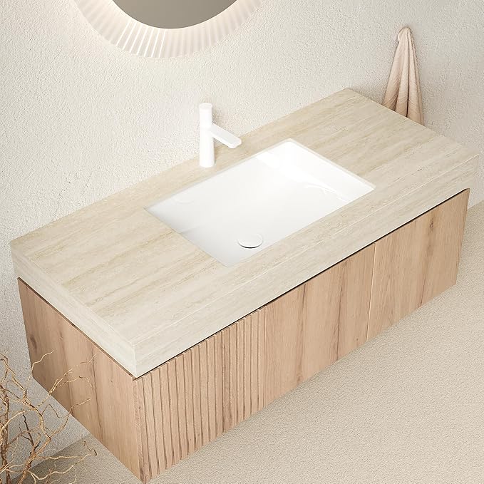 48 Inch Floating Bathroom Vanity with Sink, Wall-Mounted Bathroom Vanity with Drawer and 2 Doors, Roma Travertine-Pattern Countertop and Ceramic Basin, Pre-Assembled, White Oak