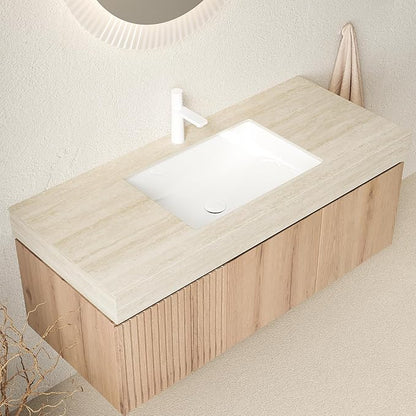48 Inch Floating Bathroom Vanity with Sink, Wall-Mounted Bathroom Vanity with Drawer and 2 Doors, Roma Travertine-Pattern Countertop and Ceramic Basin, Pre-Assembled, White Oak