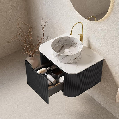24'' Floating Vanity with Sink Combo, Modern Wall-Mounted Curved Edges Striped Bathroom Storage Cabinet with Soft-Close Drawer and White Stone Pattern Basin, Black