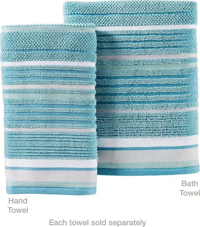 SKL Home Seabrook Stripe Hand Towel Set-2pc, Premium 100% Cotton, Teal | 550 GSM weight. Spa-level quality. Soft & absorbent textured jacquard. For the bathroom, kitchen, bar or any sink space.
