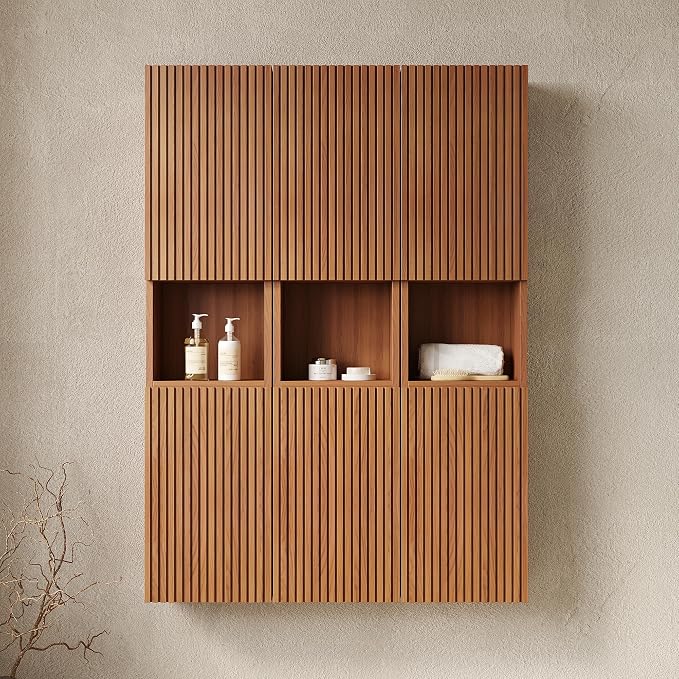 KEIKI Bathroom Wall Cabinet with Soft-Close Doors & Open Shelf, Brown Oak | Premium Wood Medicine Cabinet, Floating Storage Cabinet for Bathroom Kitchen Laundry Room