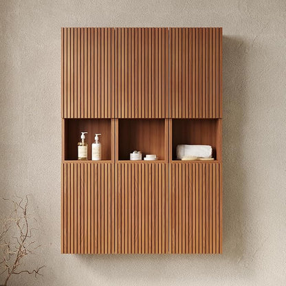 KEIKI Bathroom Wall Cabinet with Soft-Close Doors & Open Shelf, Brown Oak | Premium Wood Medicine Cabinet, Floating Storage Cabinet for Bathroom Kitchen Laundry Room