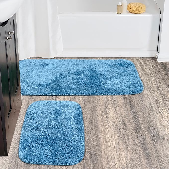 Garland Rug Traditional Nylon Washable Basin Blue 2 Bath Rugs (21" X 34", 22" X 60") - Soft, Absorbent, and Stylish for Your Bathroom