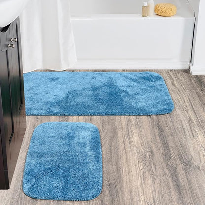 Garland Rug Traditional Nylon Washable Basin Blue 2 Bath Rugs (21" X 34", 22" X 60") - Soft, Absorbent, and Stylish for Your Bathroom