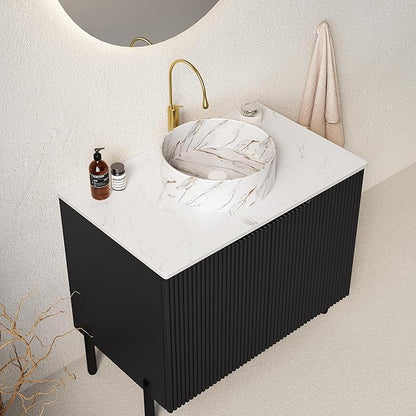 30" Bathroom Vanity with Sink, Modern Bathroom Vanities with Durable Marble Ceramic Basin and Sintered Stone Countertop, Soft Closing Doors, Freestanding Bathroom Cabinet, Black