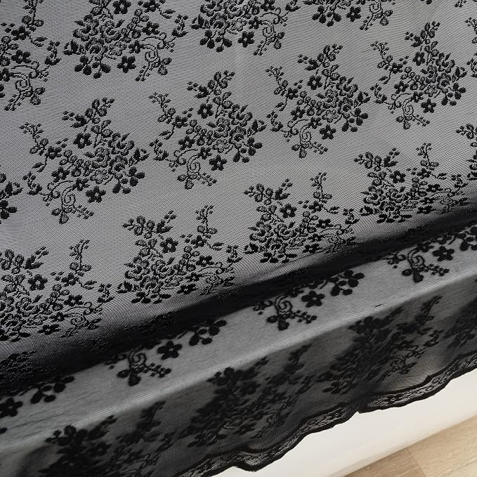 TUDECO Black Boho Lace Shower Curtain with Attached Valance, 72''W x 84''L | Whimsigoth, Extra Long, Dark Bathroom Curtain, Cool Victorian, Halloween Decor, Scalloped Edges, Reinforced Holes