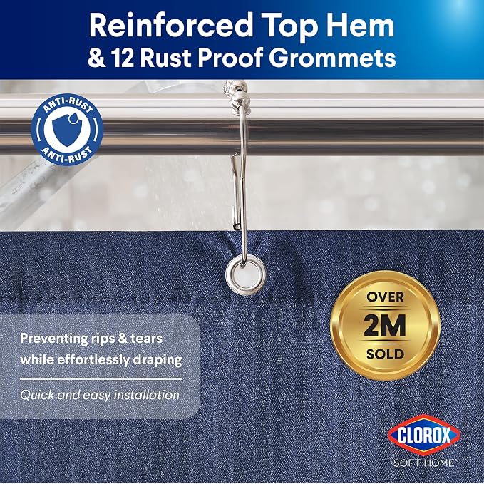 Clorox 2-in-1 Bathroom Shower Curtain Liner, Durable Fabric, Weighted Magnets for Bath Water Control, Washable Premium Quality, Modern - 72" x 72" Blue