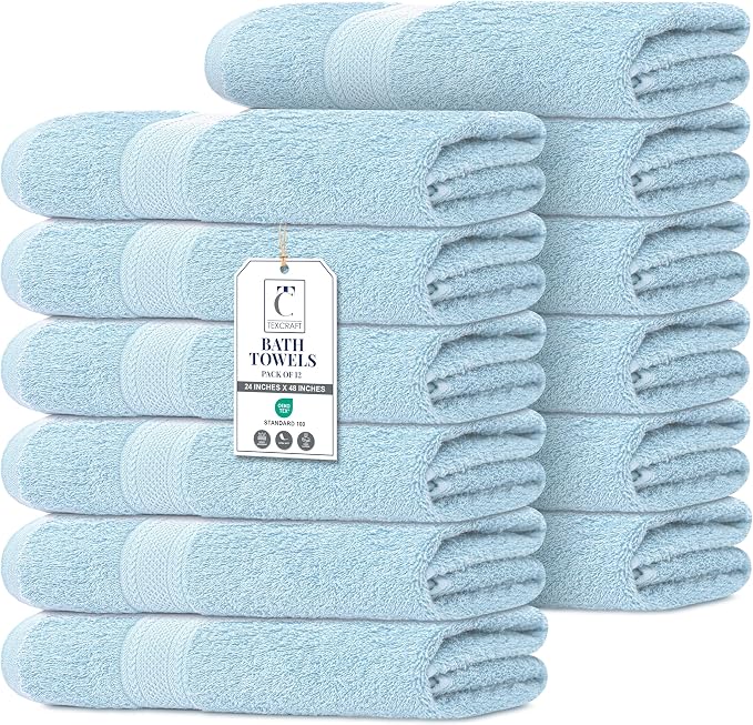 Commercial Bulk Pack of 12 Bath Towels – 100% Cotton Terry 24" x 48" – Ideal for Hotels, Salons, Gyms, Spas & Institutional Use – Sky Blue