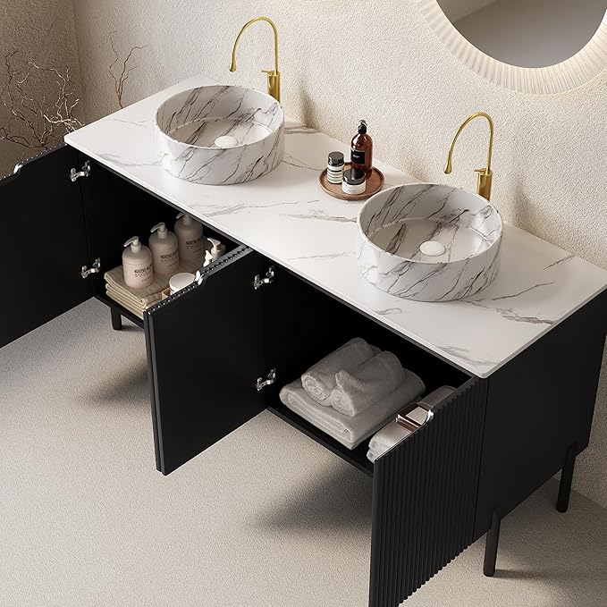 Ambrovina 60" Bathroom Vanity with Double Sink, Freestanding Bathroom Storage Cabinet with 4 Soft-Closing Doors, 2 White Round Ceramic Basins and Carrara White Sintered Stone Countertop, Gloss Black