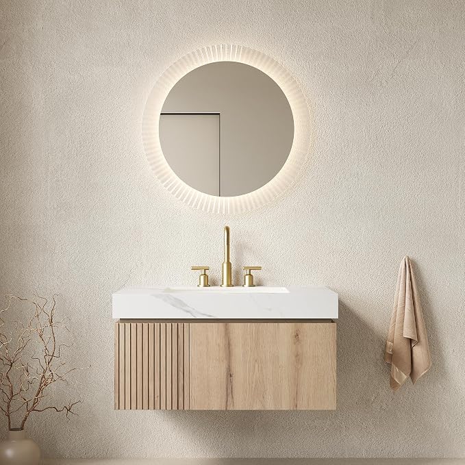 KEIKI 36 Inch Floating Bathroom Vanity with Sink, White Oak & White | Modern Wall Mounted Storage Cabinet w/ Drawer & Door, Pre-assembled Wood Panels, Sintered Stone Top & Ceramic Basin Combo Set