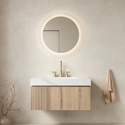 KEIKI 36 Inch Floating Bathroom Vanity with Sink, White Oak & White | Modern Wall Mounted Storage Cabinet w/ Drawer & Door, Pre-assembled Wood Panels, Sintered Stone Top & Ceramic Basin Combo Set