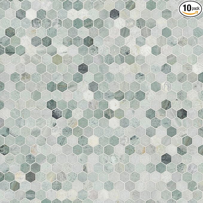 MSI Icelandic Green Hexagon 12 in. x 11.81 in. x 10 mm Polished Marble Mesh-Mounted Mosaic Wall Tile for Bathroom, Kitchen Backsplash, Accent Wall Tile, and Shower Wall Tile