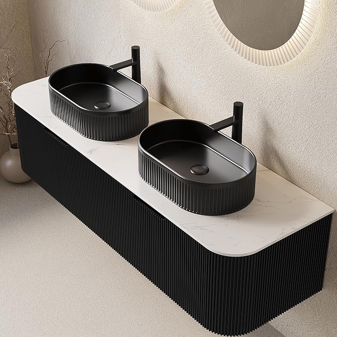 60" Floating Bathroom Vanity with Double Sink, Modern Wall-Mounted Bathroom Vanities with Marble Countertop and Oval Ceramic Sink, Soft-Close Design, Natural Solid Wood Cabinet, Pre-Assembled, Black