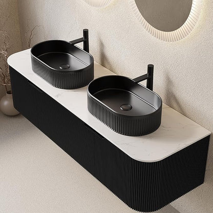 60" Floating Bathroom Vanity with Double Sink, Modern Wall-Mounted Bathroom Vanities with Marble Countertop and Oval Ceramic Sink, Soft-Close Design, Natural Solid Wood Cabinet, Pre-Assembled, Black