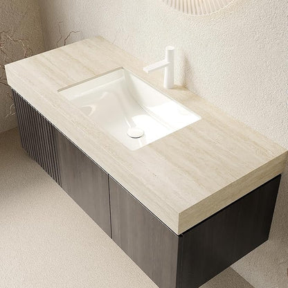 48 Inch Floating Bathroom Vanity with Sink, Wall-Mounted Bathroom Vanity with Drawer and 2 Doors, Roma Travertine-Pattern Countertop and Ceramic Basin, Pre-Assembled,Espresso