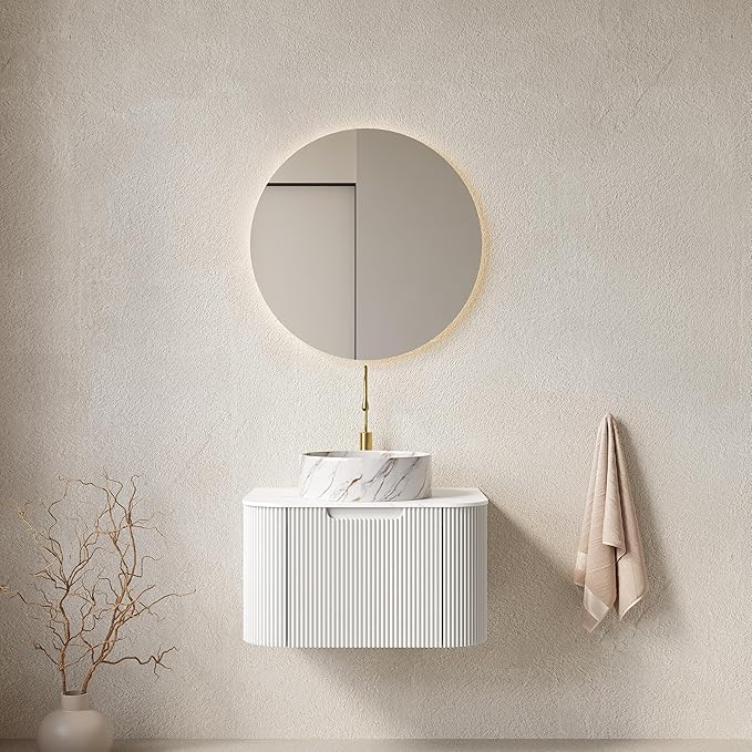 Yayzy 24" Floating Bathroom Vanity with Sink, Solid Wood Fluted Cabinet, White Marble-Patterned Ceramic Basin & Faux Marble Top, Soft-Close Drawer, Pre-Assembled, White