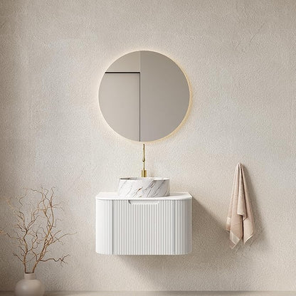 Yayzy 24" Floating Bathroom Vanity with Sink, Solid Wood Fluted Cabinet, White Marble-Patterned Ceramic Basin & Faux Marble Top, Soft-Close Drawer, Pre-Assembled, White