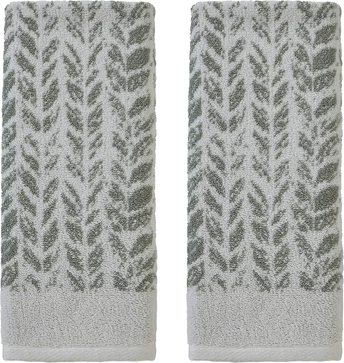 SKL Home Distressed Leaves Han Towel Set-2pc, 100% Turkish Cotton, Sage | 600 GSM weight. Spa-level quality. Soft & absorbent, reversible jacquard. For the bathroom, kitchen, bar or any sink space.