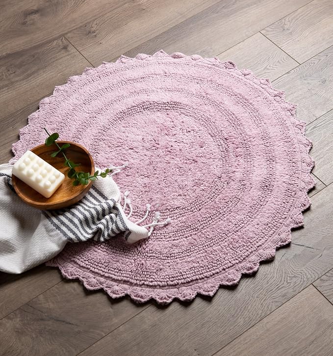 DII Crochet Collection Reversible Bath Mat, Round, 27.5" Diameter, Mauve