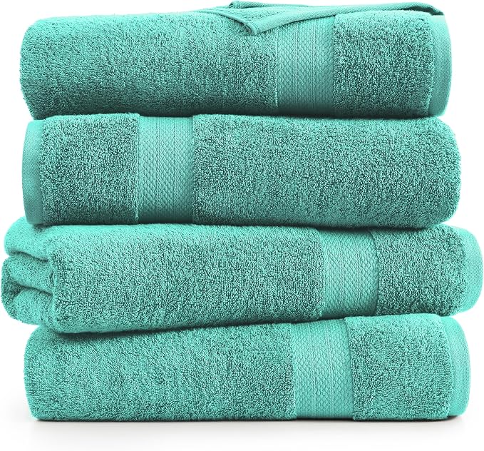 LANE LINEN Bathroom Towels Set (4 Pack)- 100% Cotton Luxury Bath Towels for Bathroom, Soft Shower Towels, Quick Dry Turkish Bath Towels, Super Absorbent Hotel Quality Bath Towel Set (28"x 54")- Teal | Set Of Towels - Dobby Border Accent, OEKO-TEX Certi...