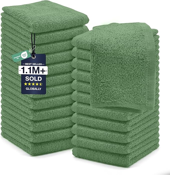 DAN RIVER 24 Pack Cotton Wash Cloths Set for Showering [12x12] Sage Green | Lighter Weight, Quick to Dry, Super Soft & Absorbent Face Towels, Hotel Quality, Perfect for Bathroom, Gym, Spa