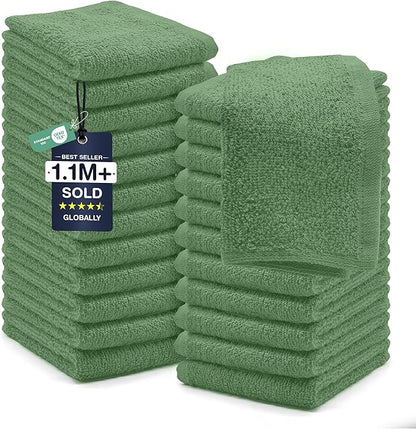 DAN RIVER 24 Pack Cotton Wash Cloths Set for Showering [12x12] Sage Green | Lighter Weight, Quick to Dry, Super Soft & Absorbent Face Towels, Hotel Quality, Perfect for Bathroom, Gym, Spa