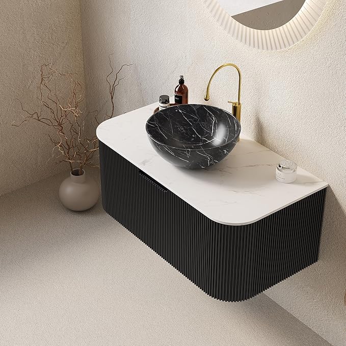 Yayzy 36" Floating Bathroom Vanity with Sink, Solid Wood Fluted Cabinet, White Marble-Patterned Ceramic Basin & Faux Marble Top, Soft-Close Drawer, Pre-Assembled, Gloss Black