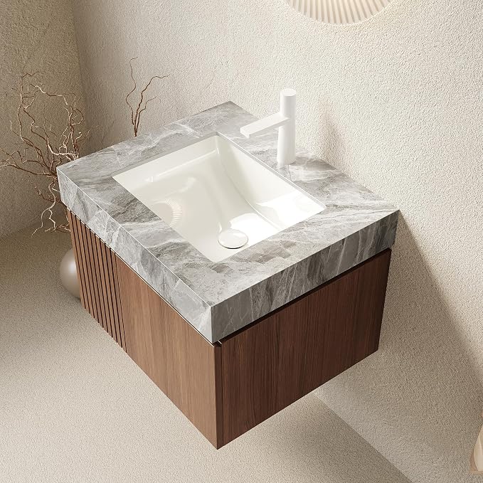 KEIKI 24 Inch Floating Bathroom Vanity with Sink, Brown Oak & Grey | Modern Wall Mounted Storage Cabinet with 2 Doors, Pre-assembled Wood Panels, Sintered Stone Top & Ceramic Basin Combo Set