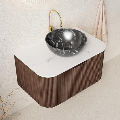 30'' Bathroom Vanities Cabinet with Sink Combo, Wall Mounted Floating Cabinet W/Curved Edges Stripes, Oak Plywood, Soft-Close System with a Drawer, Black Bowl Ceramic Basin - Kiel, Dark Walnut/R