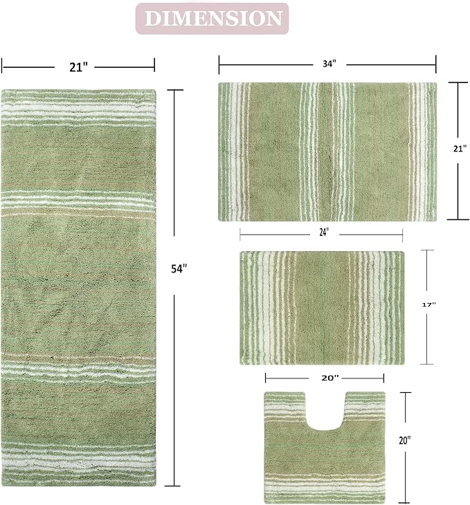Home Weavers 100% Cotton Gradiation Collection Bathroom Décor | Washable Rug | Bathroom Mat | Kitchen Mat | Bathroom Rug Set | Bath Mat Set | Bath Floor Mat Non Slip, 4 Piece Set with Runner, Sage