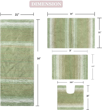 Home Weavers 100% Cotton Gradiation Collection Bathroom Décor | Washable Rug | Bathroom Mat | Kitchen Mat | Bathroom Rug Set | Bath Mat Set | Bath Floor Mat Non Slip, 4 Piece Set with Runner, Sage