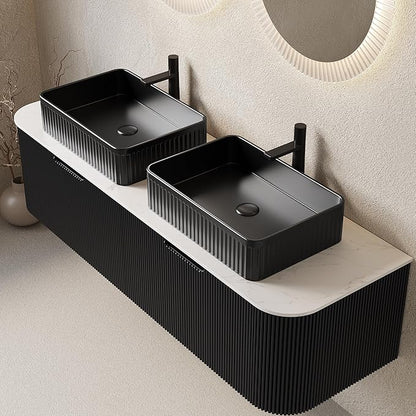 60" Floating Bathroom Vanity with Double Sink, Modern Bathroom Vanities with Marble Countertop and Rectangular Ceramic Sink, Soft-Close Design, Natural Solid Wood Cabinet, Pre-Assembled, Gloss Black