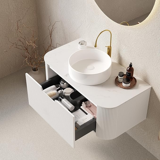 Yayzy 36" Floating Bathroom Vanity with Sink, Solid Wood Fluted Cabinet, White Round Ceramic Basin & Faux Marble Top, Soft-Close Drawer, Pre-Assembled, White