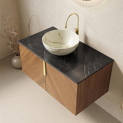 36 Inch Bathroom Vanity with Sink Combo, Floating Vanity Bathroom with Vessel Sink, Modern Bathroom Vanity Cabinet with Doors, Sintered Stone Countertop and Bowl Sink,Brown Oak