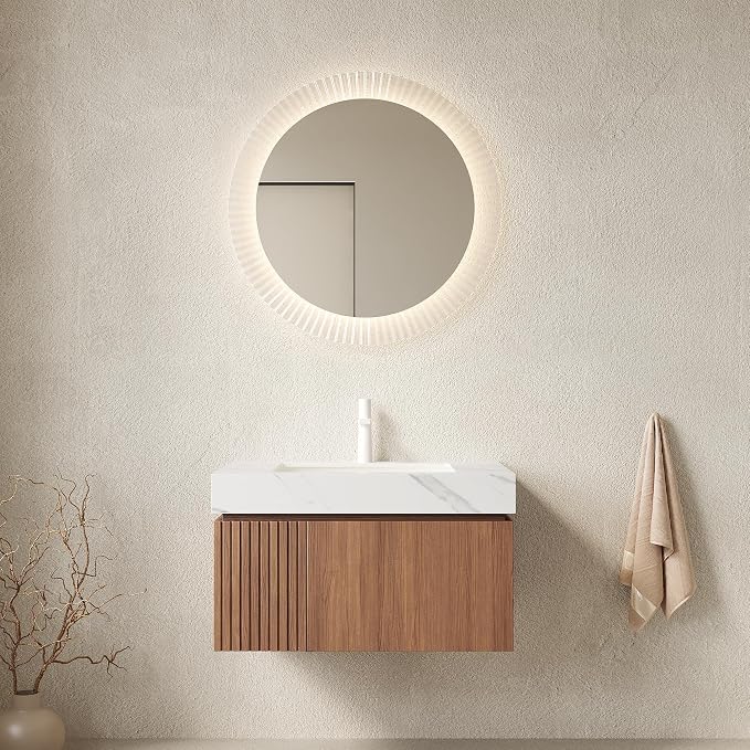 KEIKI 30 Inch Floating Bathroom Vanity with Sink, Brown Oak & White | Modern Wall Mounted Storage Cabinet w/ Drawer & Door, Pre-assembled Wood Panels, Sintered Stone Top & Ceramic Basin Combo Set
