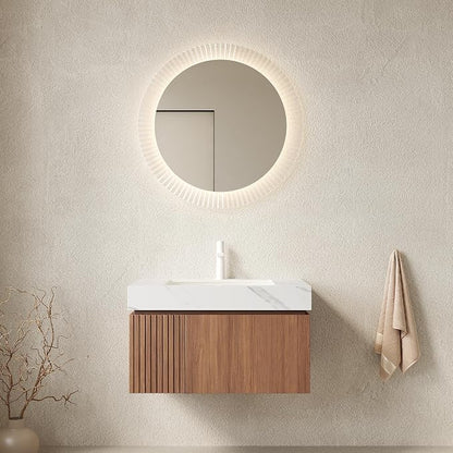 KEIKI 30 Inch Floating Bathroom Vanity with Sink, Brown Oak & White | Modern Wall Mounted Storage Cabinet w/ Drawer & Door, Pre-assembled Wood Panels, Sintered Stone Top & Ceramic Basin Combo Set