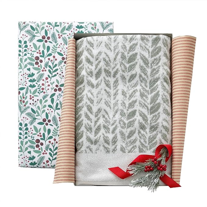 SKL Home Distressed Leaves Bath Towel, 100% Turkish Cotton, Sage | 600 GSM weight. Spa-level quality. Soft, & absorbent, reversible jacquard.