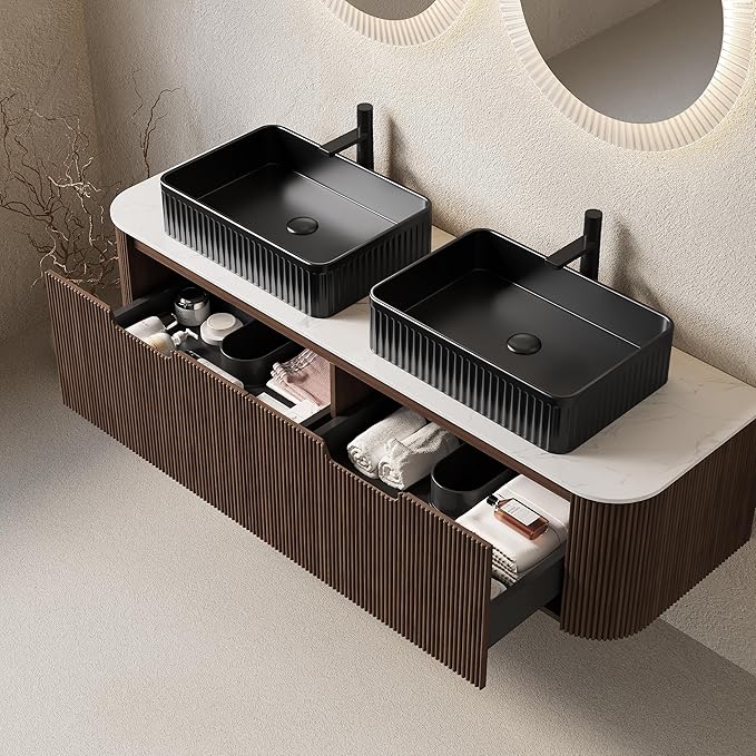 Yayzy 60" Floating Bathroom Vanity with Sink, Solid Wood Fluted Cabinet, Black Fluted Square Ceramic Basin & Faux Marble Top, Soft-Close Drawer, Pre-Assembled, Walnut Woodgrain