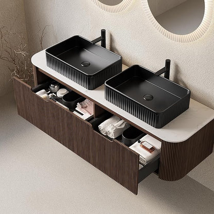 Yayzy 60" Floating Bathroom Vanity with Sink, Solid Wood Fluted Cabinet, Black Fluted Square Ceramic Basin & Faux Marble Top, Soft-Close Drawer, Pre-Assembled, Walnut Woodgrain