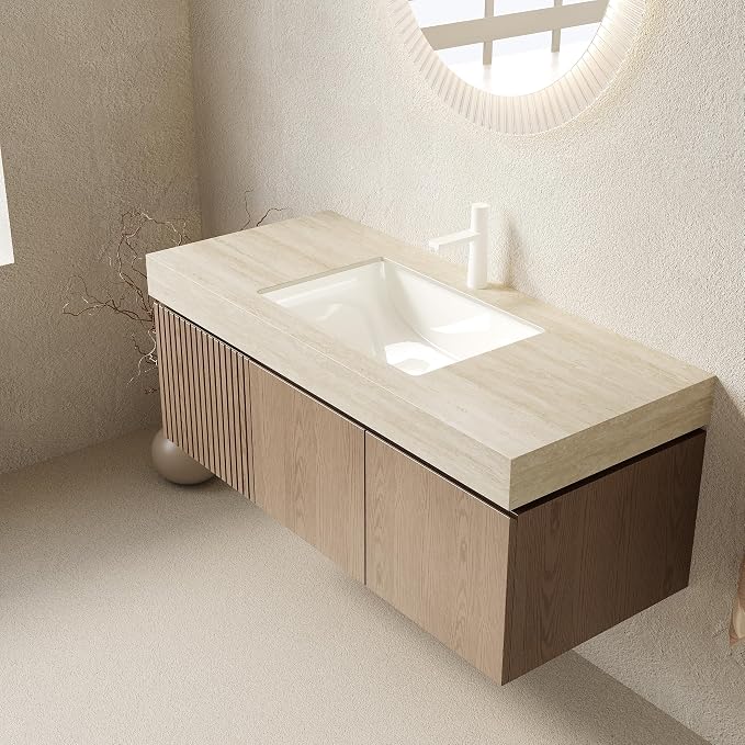 KEIKI 48 Inch Floating Bathroom Vanity with Sink, Light Brown & Beige | Modern Wall Mounted Storage Cabinet w/ Drawer & Door, Pre-assembled Wood Panels, Sintered Stone Top & Ceramic Basin Combo Set