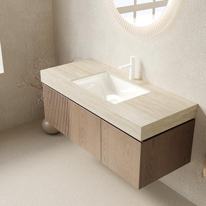 KEIKI 48 Inch Floating Bathroom Vanity with Sink, Light Brown & Beige | Modern Wall Mounted Storage Cabinet w/ Drawer & Door, Pre-assembled Wood Panels, Sintered Stone Top & Ceramic Basin Combo Set